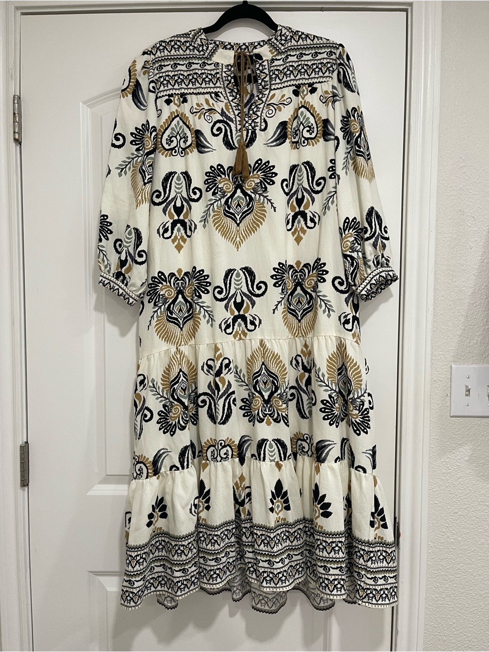 Tiered Midi Dress with Black & Gold Print
